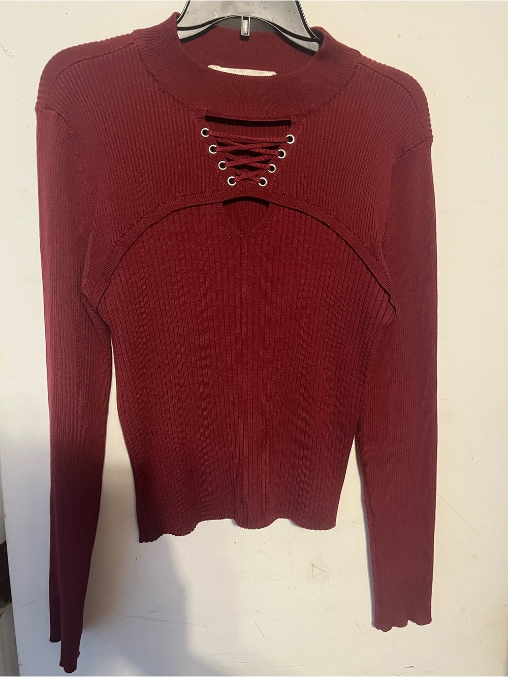 No Boundaries Burgundy Ribbed Lace-Up Pullover